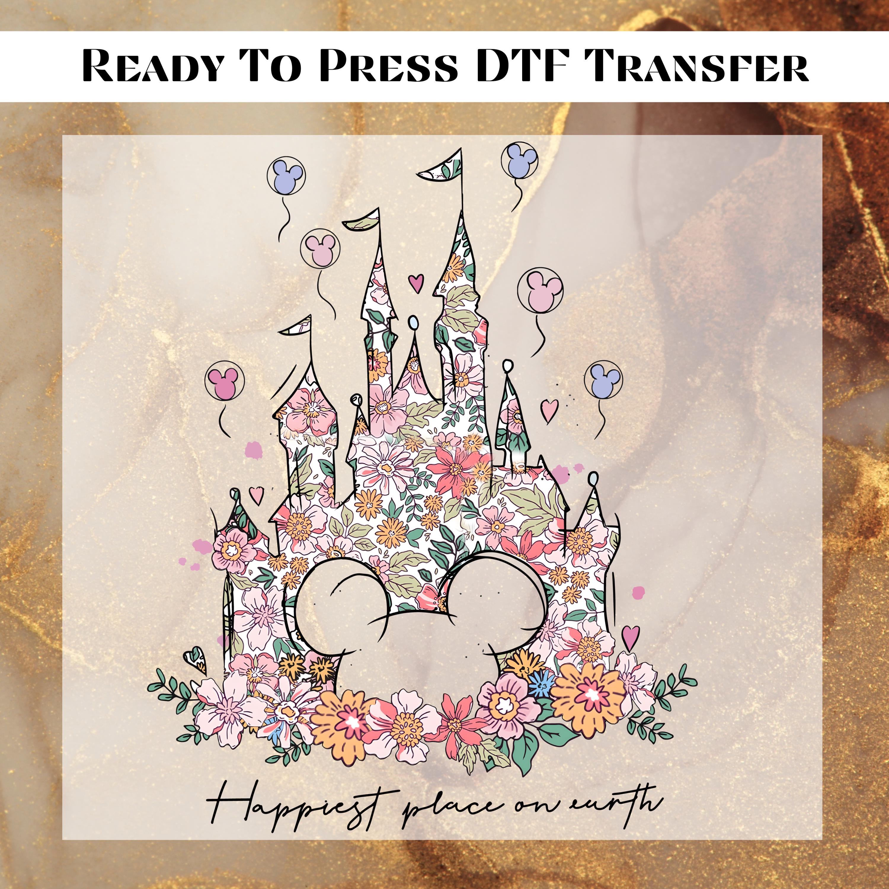 Happiest Place on Earth DTF Transfer Ready to Press, Magic Kingdom Apply for Heat Press, Disney Castle Floral DTF Print, Disney World