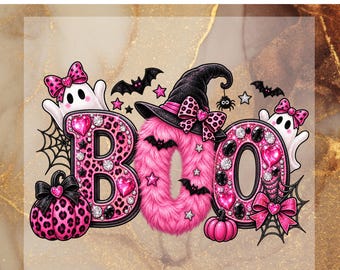 Pink Halloween BOO DTF Transfer, Leopard Pumpkin Ready To Press, Cute Spooky Ghost Witch Hat Heat Transfer
