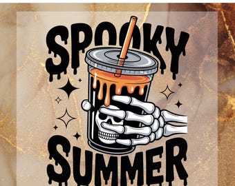 Transferencia térmica de Halloween con diseño de esqueleto espeluznante para bebida veraniega, lista para usar.