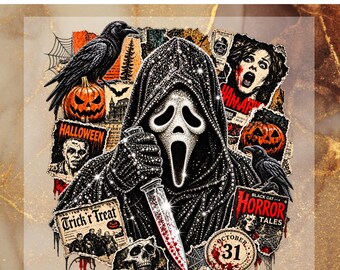 Vintage Horror Halloween DTF Transfer, Horror Movie Inspired Ready To Press, Rhinestone Horror Mask Heat Transfer