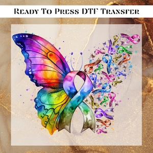 Cancer Butterfly Ribbon DTF Transfer Ready to Press, Stylish Iron-On Design Cancer Awareness Ready to Apply for Heat Press