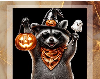 Halloween Raccoon DTF Transfer for Ready to Press, Cute Raccoon Ready to Apply for Heat Press, Pumpkin Ghost DTF, Spooky Animal Png