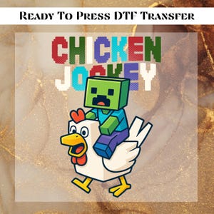 May include: A green pixelated character riding a white chicken with the text "CHICKEN JOCKEY" in colorful pixelated letters.