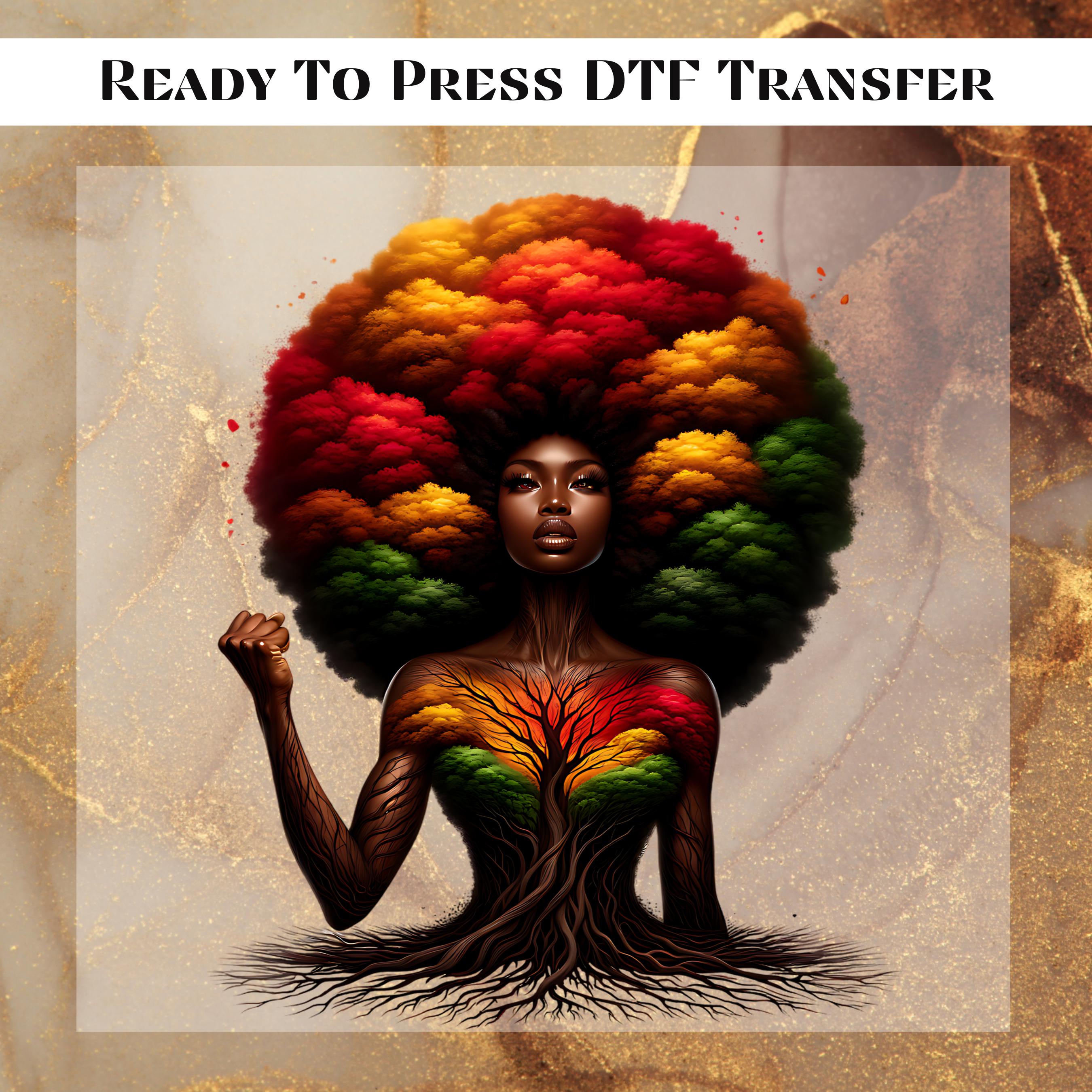 Colorful Black Woman Tree DTF Transfer, Messy Bun Bow Ready to Press ...