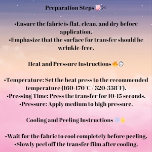 May include: Instructions for using a heat press to transfer designs onto fabric. The instructions include preparation steps, heat and pressure settings, and cooling and peeling instructions. The recommended temperature is 160-170&deg;C/320-338&deg;F.