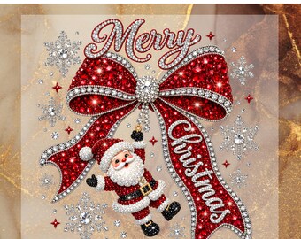 Christmas Santa Bow DTF Transfer, Sparkle Santa Ready To Press, Rhinestone Holiday Bow Heat Transfer