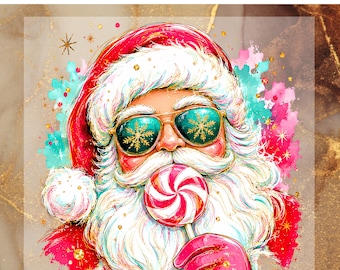 Pop Art Santa DTF Transfer, Sunglasses Santa Ready To Press, Colorful Christmas Heat Transfer