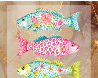 Coastal Fish DTF Transfer for Ready to Press, Floral Fish Ready to Apply for Heat Press, Nautical Ocean DTF, Beach Fishing Png