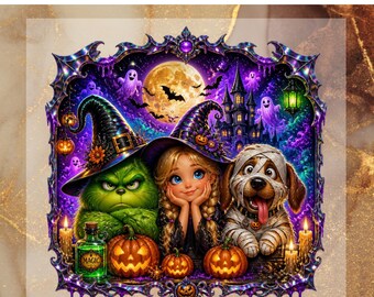 Halloween Friends DTF Transfer for Ready to Press,Grumpy Monster Mummy Dog Ready to Apply for Heat Press,Spooky Halloween DTF,Witch Girl Png