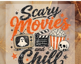 Scary Movies DTF Transfer, Ghost TV Clapperboard Popcorn Skull Ready To Press, Halloween Movie Night Heat Transfer