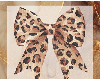 May include: Ready to press DTF transfer with a brown and black leopard print bow design.