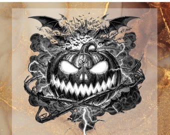 Scary Pumpkin DTF Transfer for Ready to Press, Dark Halloween Jack O Lantern Ready to Apply for Heat Press, Bat Lightning DTF, Spooky Png