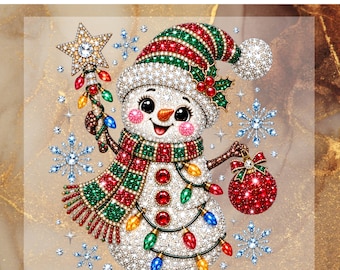 Christmas Snowman DTF Transfer, Sparkle Christmas Ready To Press, Rhinestone Holiday Snowman Heat Transfer