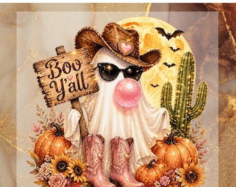 Boo Y'all Ghost Cowboy DTF Transfer for Ready to Press, Western Halloween Ready to Apply for Heat Press, Cute Ghost Style DTF, Cowgirl Png