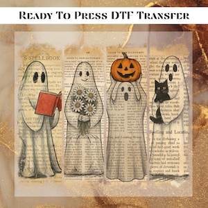May include: Ready to press DTF transfer featuring four ghostly figures. One holds a book, another a bouquet of daisies, a third a jack-o'-lantern, and the last a black cat. The background is a collage of vintage book pages.