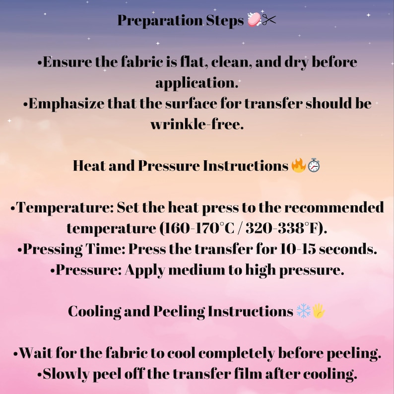 Puede incluir: Instrucciones para la aplicaci&oacute;n de transferencia de calor que se muestran sobre un fondo degradado. El texto incluye instrucciones de preparaci&oacute;n, calor y presi&oacute;n, y enfriamiento. La temperatura se establece en 160-170&deg;C (320-338&deg;F) durante 10-15 segundos.