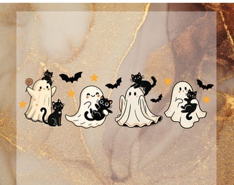 May include: DTF transfer featuring cartoon ghosts with black cats, bats, and stars. The ghosts are white with black eyes and smiles. The cats are black. The text "READY TO PRESS DTF TRANSFER" is at the top.
