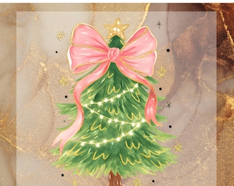 May include: A green Christmas tree design with a pink bow and gold accents. The tree is decorated with lights and a gold star on top. The text "READY TO PRESS DTF TRANSFER" is at the top.