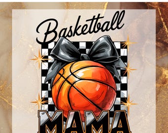 Puede incluir: Un diseño de transferencia DTF con una pelota de baloncesto y un lazo negro sobre un fondo a cuadros. Las palabras "Basketball MAMA" se muestran en una fuente audaz. El texto "READY TO PRESS DTF TRANSFER" está en la parte superior.
