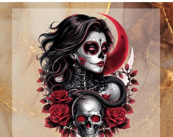 Sugar Skull Woman DTF Transfer for Ready to Press, Gothic Halloween Ready to Apply for Heat Press, Roses Snake DTF, Dark Aesthetic Png