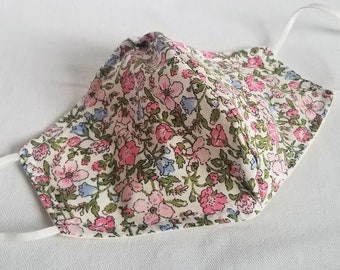 Flower Pink Mask -  Cotton Fabric 3 layered Face Mask, Filter Pocket lining,adjustable elastic ear straps - Washable. Reusable