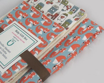 Baby Gift Set - Stroller Blanket, Two burp cloths - Fox