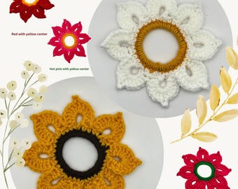 Coleteros de ganchillo hechos a mano con girasoles y margaritas