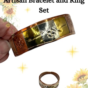 Copper & Mixed Metal Artisan Cuff Bracelet and Ring Set