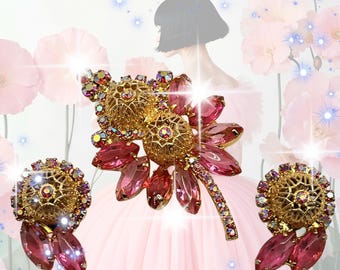 Conjunto de broche y pendientes Juliana Verified #6312 rosa con bolitas de filigrana