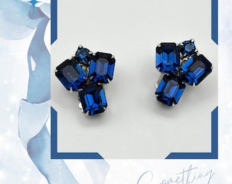 Vintage Weiss Rhinestone Earrings - Emerald cut & Clip-on - Blue are Uranium Glass