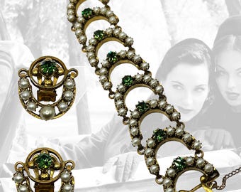 Vintage Mid-Century Pearl & Green Rhinestone Bracelet and Earring Set