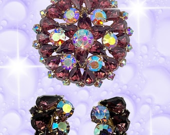 Vintage Purple & AB Rhinestone Brooch and Earring Set
