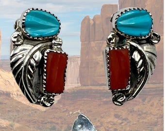Clendon Pete Sterling Silver Turquoise & Coral Navajo Earrings