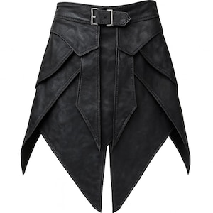 May include: Black leather skirt with a unique layered design. The skirt features a buckle closure and a distinctive geometric shape. The material appears to be genuine leather, with visible stitching details. The skirt's design is edgy and stylish.