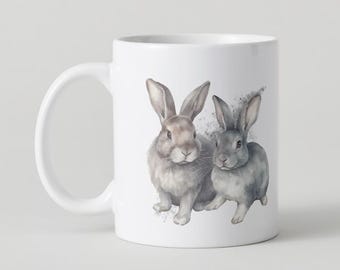 Rabbit Mug, Bunnies Coffee Cup, Animal Lover Gift, Nature Inspired Mug, Two Grey Rabbits, Easter Bunny, Wildlife Lovers