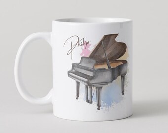 Personalised Grand Piano Mug, Watercolor Music Teacher Gift