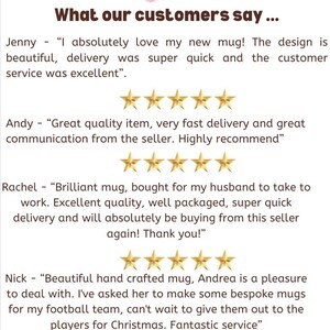 May include: Five-star customer reviews for a handmade mug business called "Cherry Mug". The reviews highlight the quality of the mugs, the speed of delivery, and the excellent customer service.
