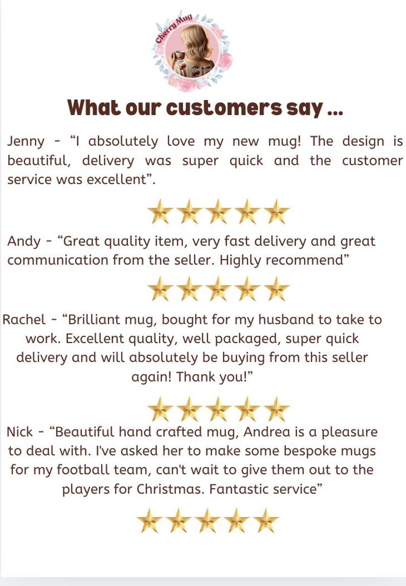 May include: Five-star customer reviews for a handmade mug business called "Cherry Mug". The reviews highlight the quality of the mugs, the speed of delivery, and the excellent customer service.
