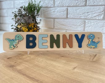 Quebra-cabeça personalizado com nome de dinossauro: brinquedo de madeira ecológico