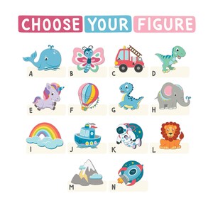 K&ouml;nnte beinhalten: Bunte Illustration mit dem Text "CHOOSE YOUR FIGURE" &uuml;ber einer Auswahl an Cartoonfiguren. Die Figuren umfassen einen Wal, Schmetterling, Feuerwehrauto, Dinosaurier, Einhorn, Hei&szlig;luftballon und mehr. Jede Figur ist mit einem Buchstaben gekennzeichnet.
