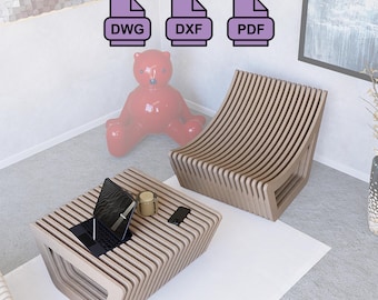 May include: A modern living room scene featuring a light brown slatted coffee table with a laptop and a matching chair. A red teddy bear statue and file type icons are also visible. The room has a minimalist design.