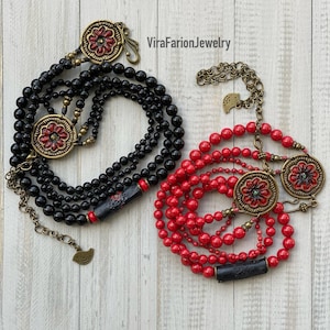 Hand-Painted Poppy Necklace: Red & Black Ethnic Beadwork