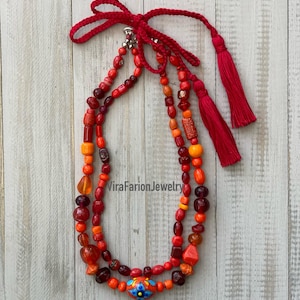 Ukrainian necklace.  Ukrainian jewelry. Ukrainian traditions. Ethnic necklace. Red colors. Boho style. Vyshyvanka necklace. Gift for her.