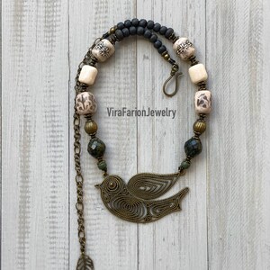 Ceramic Bird Necklace: Ethnic Czech Bead Brass Pendant