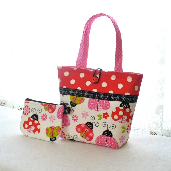 Ladybug Fabric Small Tote Bag Little Girls Purse Coin Purse Set Mini Tote Bag Childs Purse Wallet Kids Bag Pink Red Polka Dot Handmade MTO