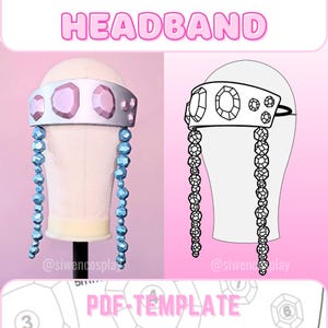 May include: A silver headband with pink gem accents and dangling blue beaded strands. The word "HEADBAND" is displayed in pink text above the headband. A line drawing of the headband is shown next to the headband.
