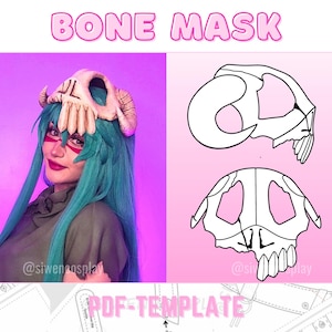 May include: A printable PDF template for a bone mask costume. The template includes two different views of the mask, one with a skull design and the other with a more detailed bone structure. The template is labeled "PDF Template" and includes the social media handle @siwencosplay.