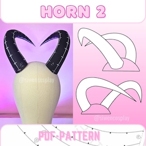 Puede incluir: Un patrón en blanco y negro para un par de cuernos. El patrón se muestra en una cabeza de maniquí y como un dibujo de línea. El texto "HORN 2" y "PDF-PATTERN" también se incluye en la imagen.