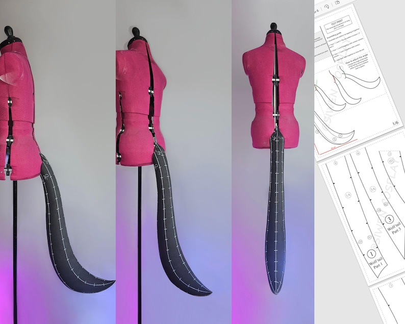 May include: A black fabric tail with a curved tip, attached to a pink dress form. The tail is made of two pieces, with a seam down the centre. The dress form is standing on a white surface.