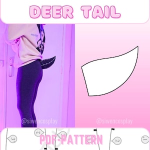 Puede incluir: Un patrón PDF para un disfraz de cola de ciervo. El patrón incluye un contorno blanco de la forma de la cola sobre un fondo rosa. El texto "PDF PATTERN" está impreso en negro sobre un fondo blanco. La imagen también muestra a una persona con una sudadera blanca y pantalones negros con una cola de ciervo negra unida a la parte posterior.